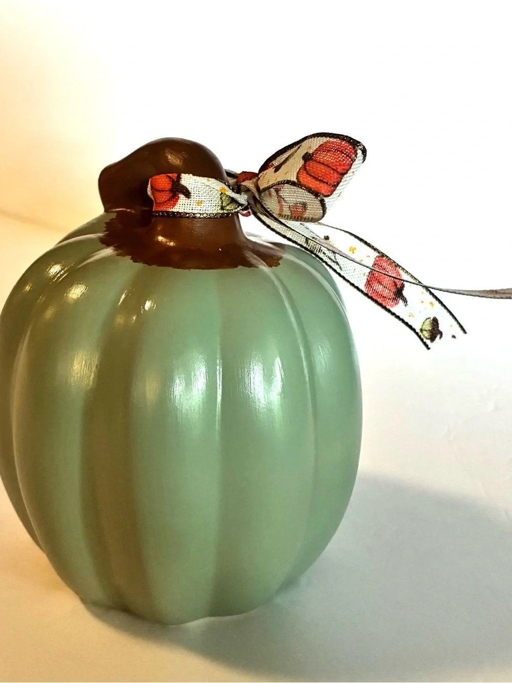 Green Ceramic Pumpkin Decor with Fall Bow